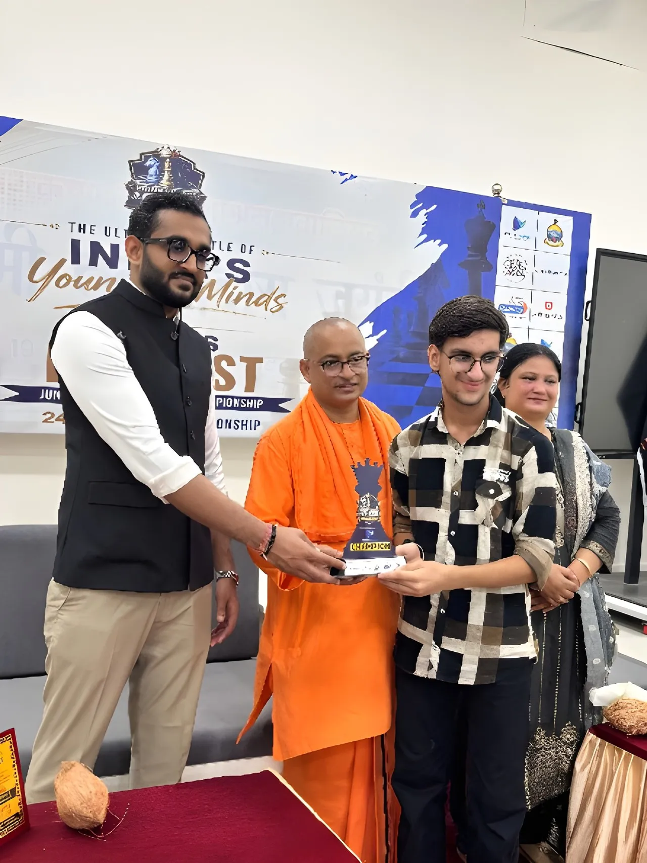 Trophies being presented at the Gwalior prize ceremony at the Prime Engage Jr. Chess Championship