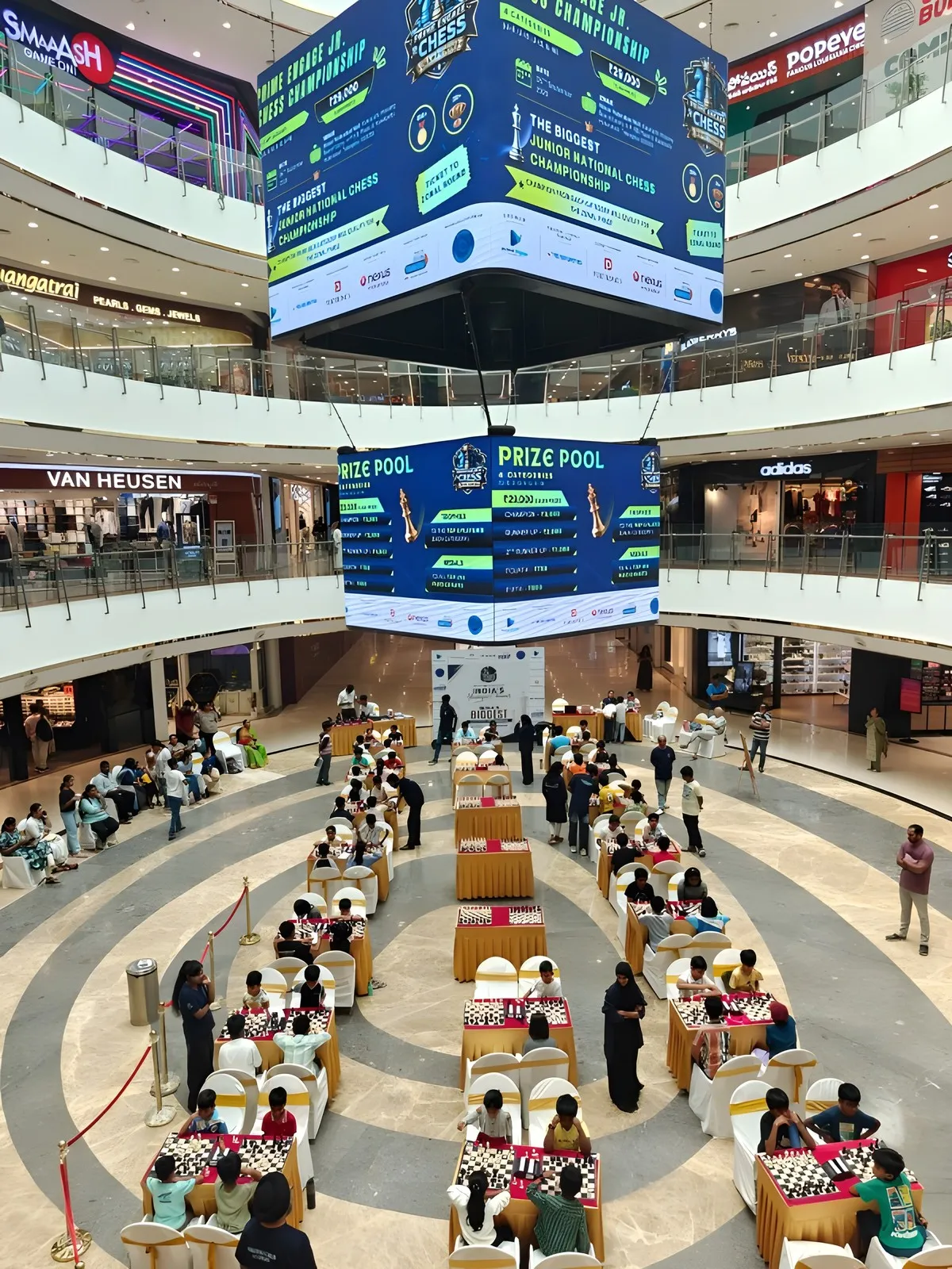 Nexus’s own screens above the atrium carried the championship and its prize pool.