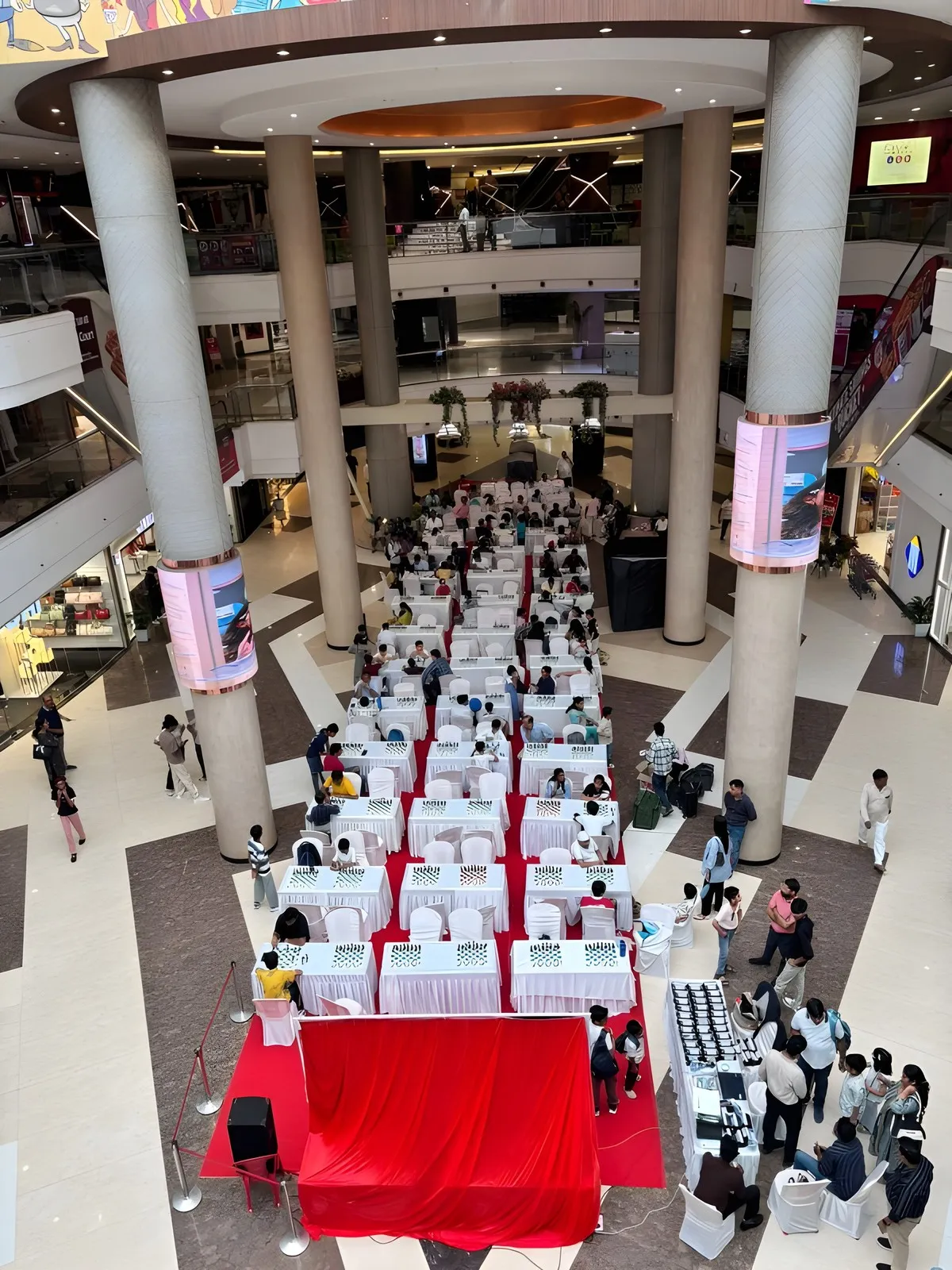 Rows of boards under the central atrium of Crown Mall on 13 September.