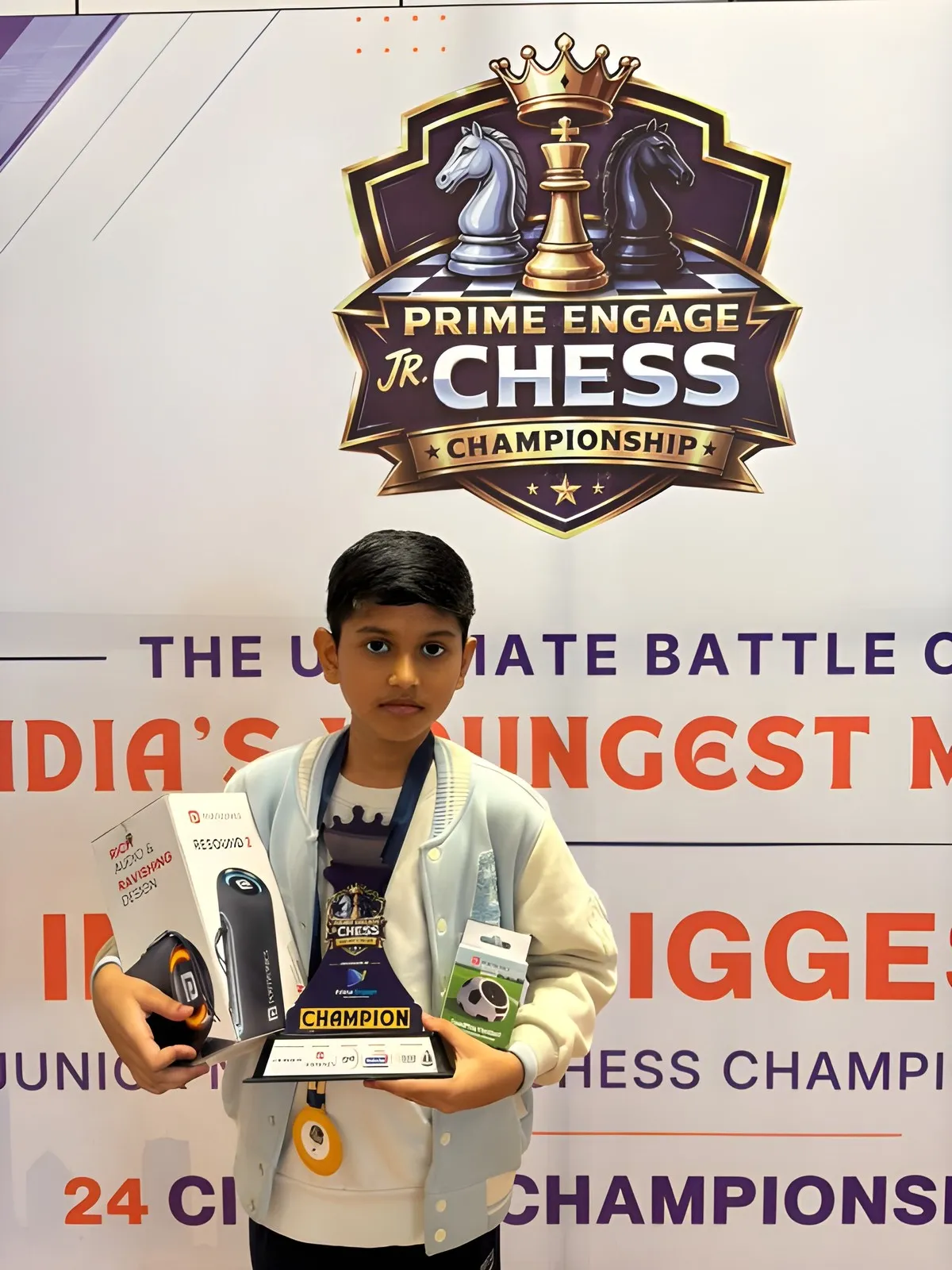 A champion holding his trophy and prizes in front of the Prime Engage Jr. Chess Championship backdrop, Nagpur